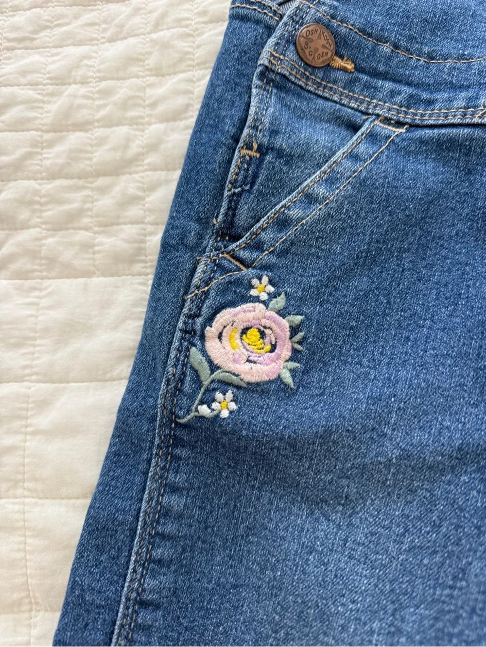 OshKosh B'gosh Blue Denim Girls' Overalls with Floral Embroidery